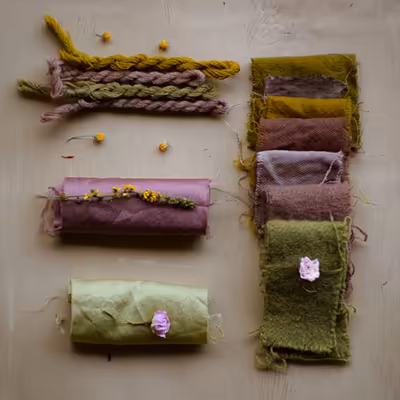 Various fabrics and woollen or silk yarns dyed with rudbeckia