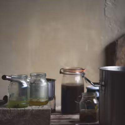 various containers holding plant decoctions for natural dyeing